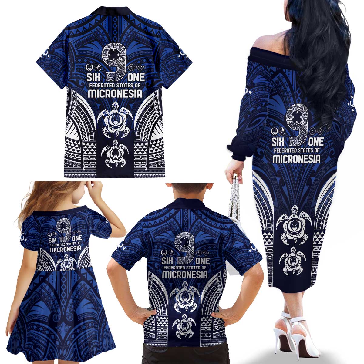 FSM Pohnpei States Family Matching Off The Shoulder Long Sleeve Dress and Hawaiian Shirt Micronesia Six 9 One Polynesian Tribal Pattern