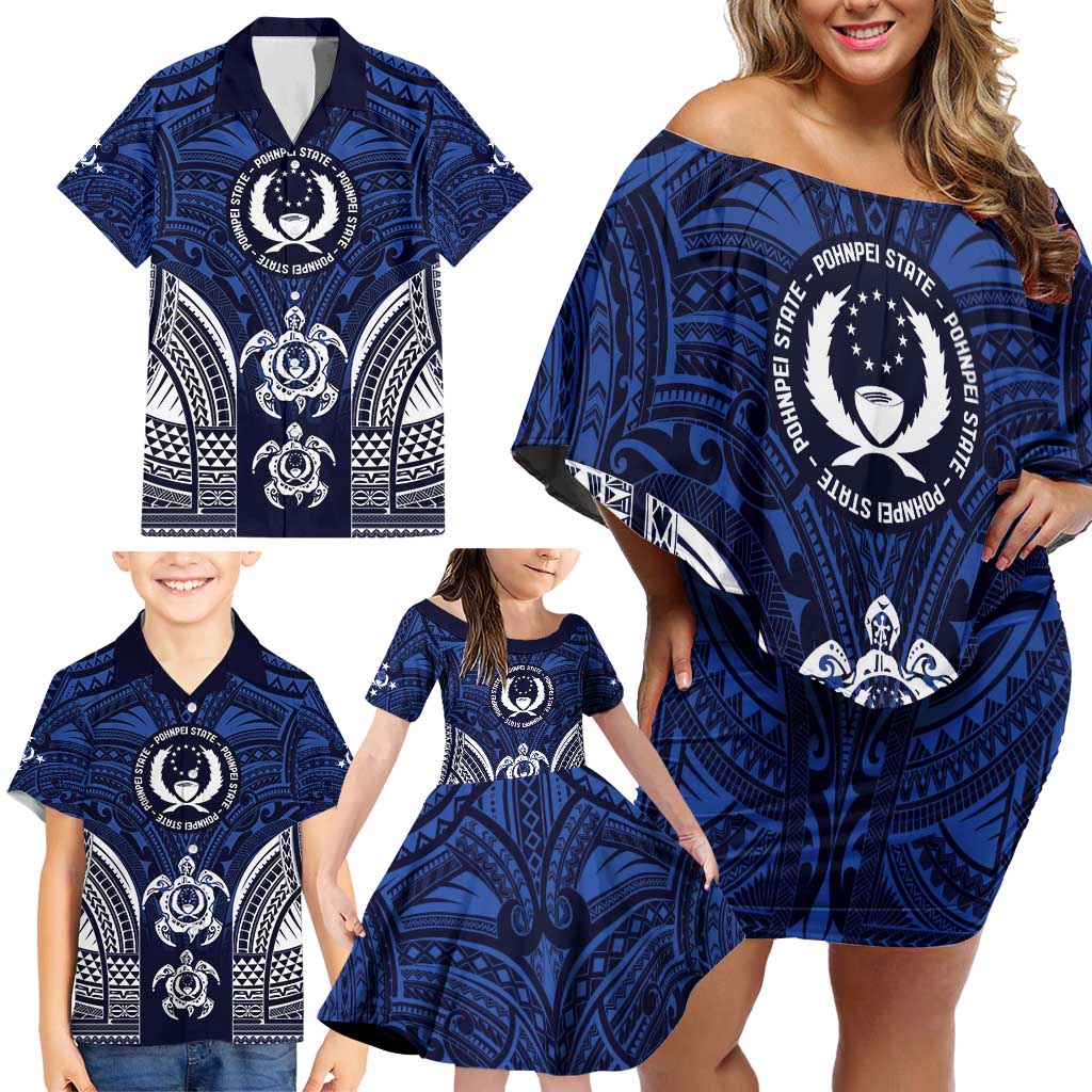 FSM Pohnpei States Family Matching Off Shoulder Short Dress and Hawaiian Shirt Micronesia Six 9 One Polynesian Tribal Pattern