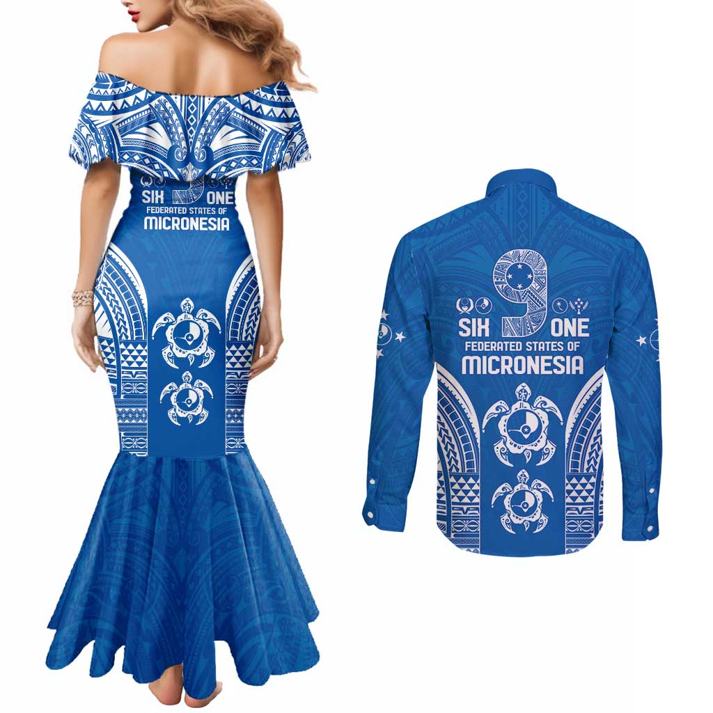 FSM Yap States Couples Matching Mermaid Dress and Long Sleeve Button Shirt Micronesia Six 9 One Polynesian Tribal Pattern
