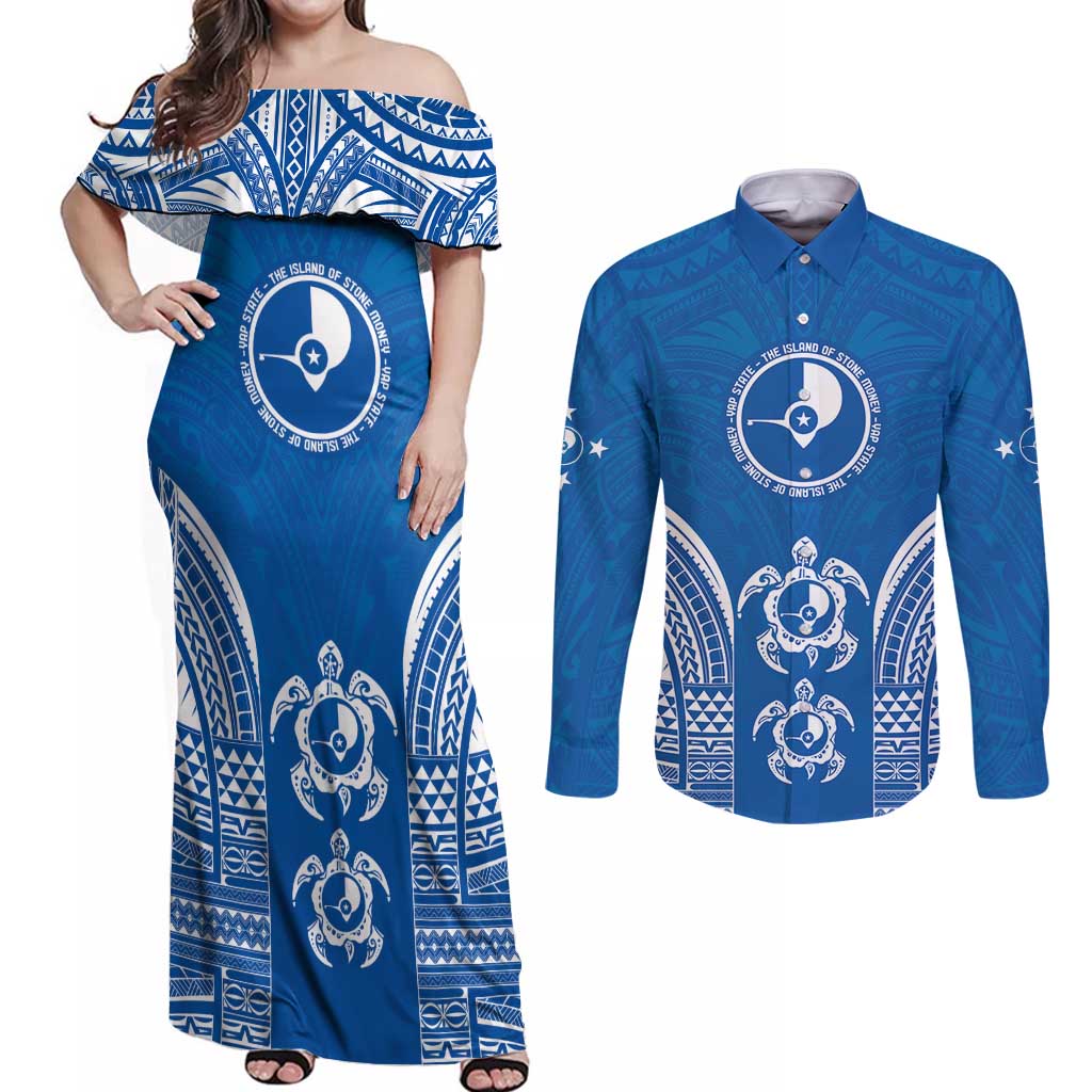 FSM Yap States Couples Matching Off Shoulder Maxi Dress and Long Sleeve Button Shirt Micronesia Six 9 One Polynesian Tribal Pattern
