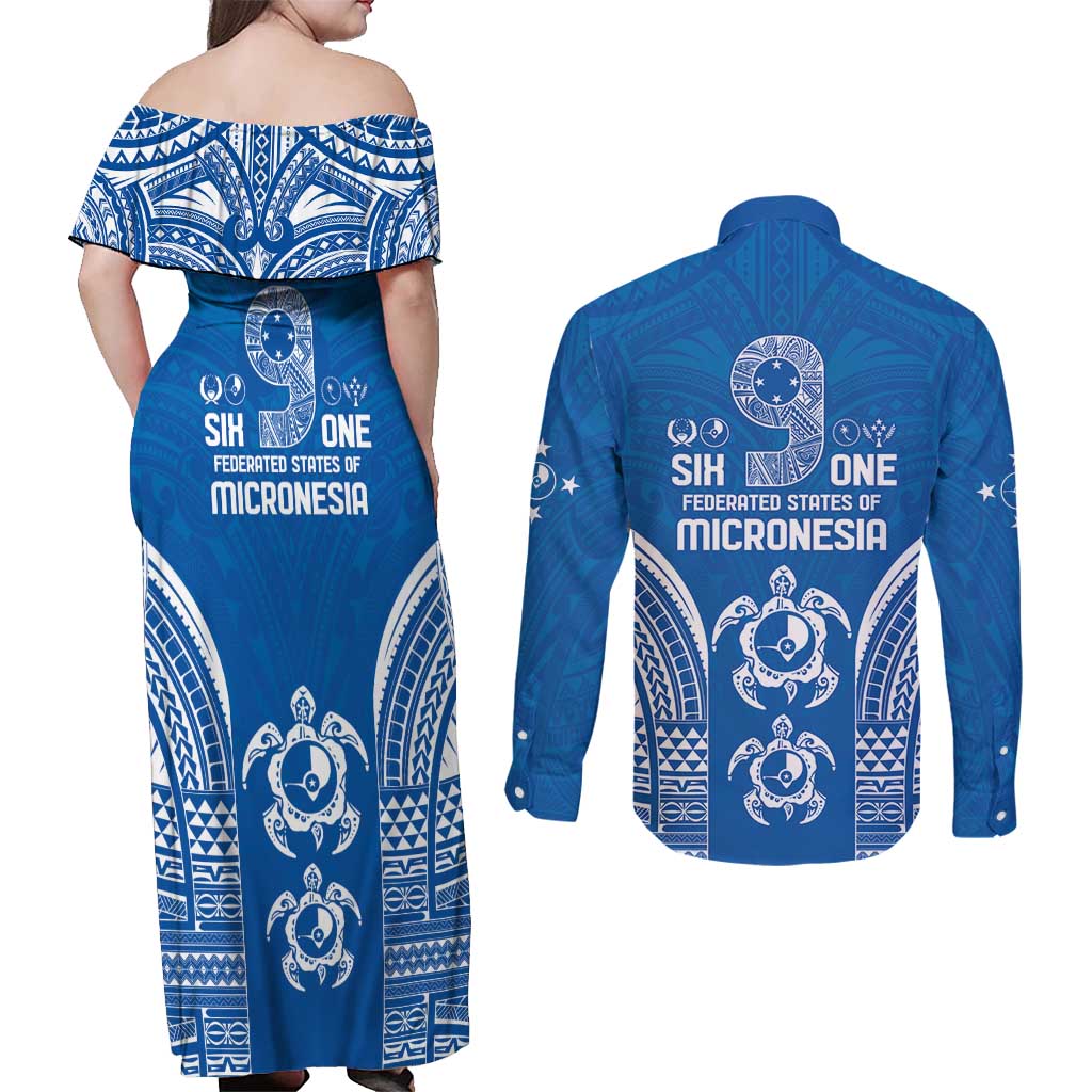 FSM Yap States Couples Matching Off Shoulder Maxi Dress and Long Sleeve Button Shirt Micronesia Six 9 One Polynesian Tribal Pattern