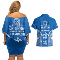 FSM Yap States Couples Matching Off Shoulder Short Dress and Hawaiian Shirt Micronesia Six 9 One Polynesian Tribal Pattern