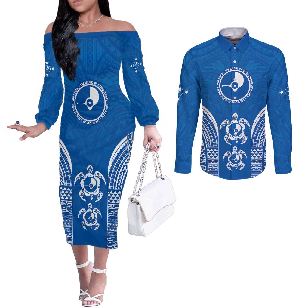 FSM Yap States Couples Matching Off The Shoulder Long Sleeve Dress and Long Sleeve Button Shirt Micronesia Six 9 One Polynesian Tribal Pattern