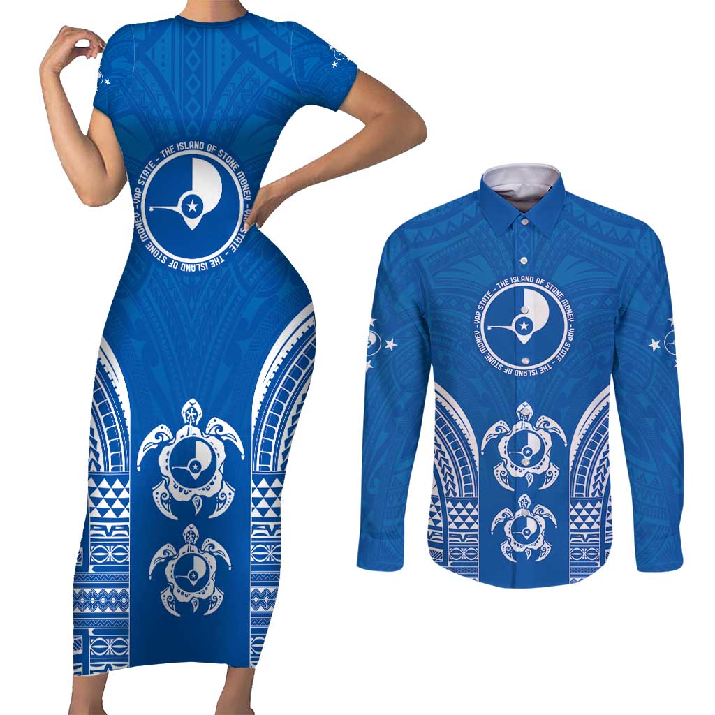 FSM Yap States Couples Matching Short Sleeve Bodycon Dress and Long Sleeve Button Shirt Micronesia Six 9 One Polynesian Tribal Pattern