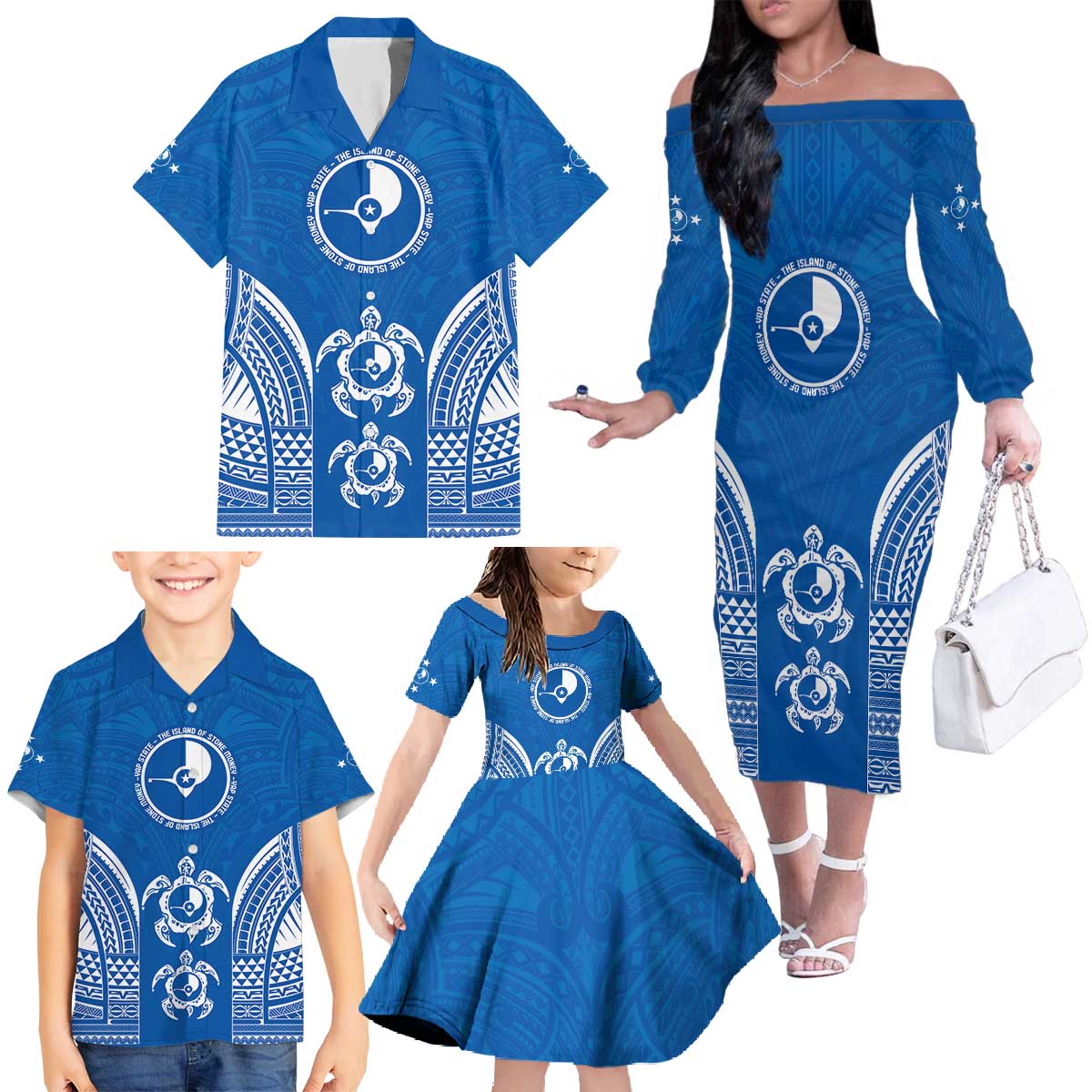 FSM Yap States Family Matching Off The Shoulder Long Sleeve Dress and Hawaiian Shirt Micronesia Six 9 One Polynesian Tribal Pattern