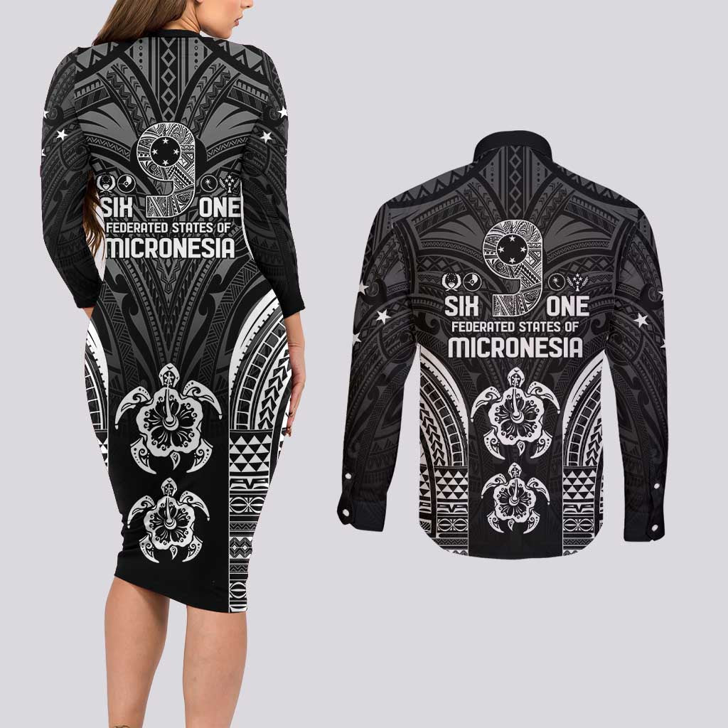 FSM Micronesia Six 9 One Couples Matching Long Sleeve Bodycon Dress and Long Sleeve Button Shirt Polynesian Tribal Pattern