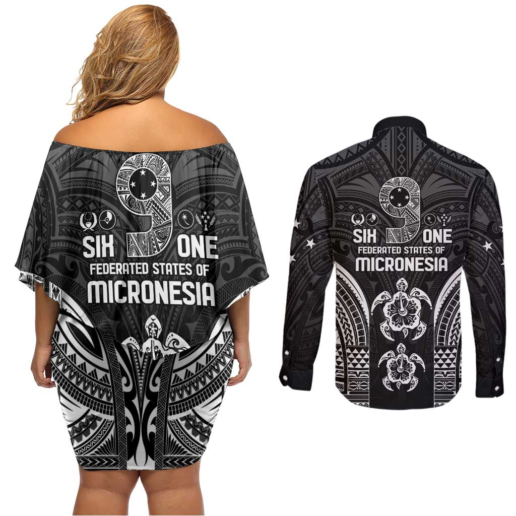 FSM Micronesia Six 9 One Couples Matching Off Shoulder Short Dress and Long Sleeve Button Shirt Polynesian Tribal Pattern