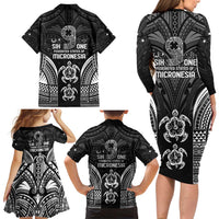 FSM Micronesia Six 9 One Family Matching Long Sleeve Bodycon Dress and Hawaiian Shirt Polynesian Tribal Pattern