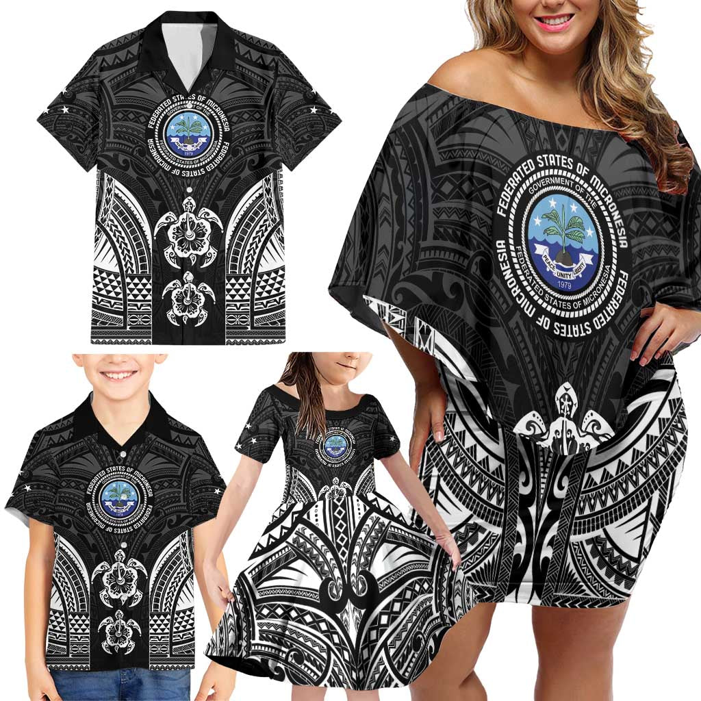 FSM Micronesia Six 9 One Family Matching Off Shoulder Short Dress and Hawaiian Shirt Polynesian Tribal Pattern