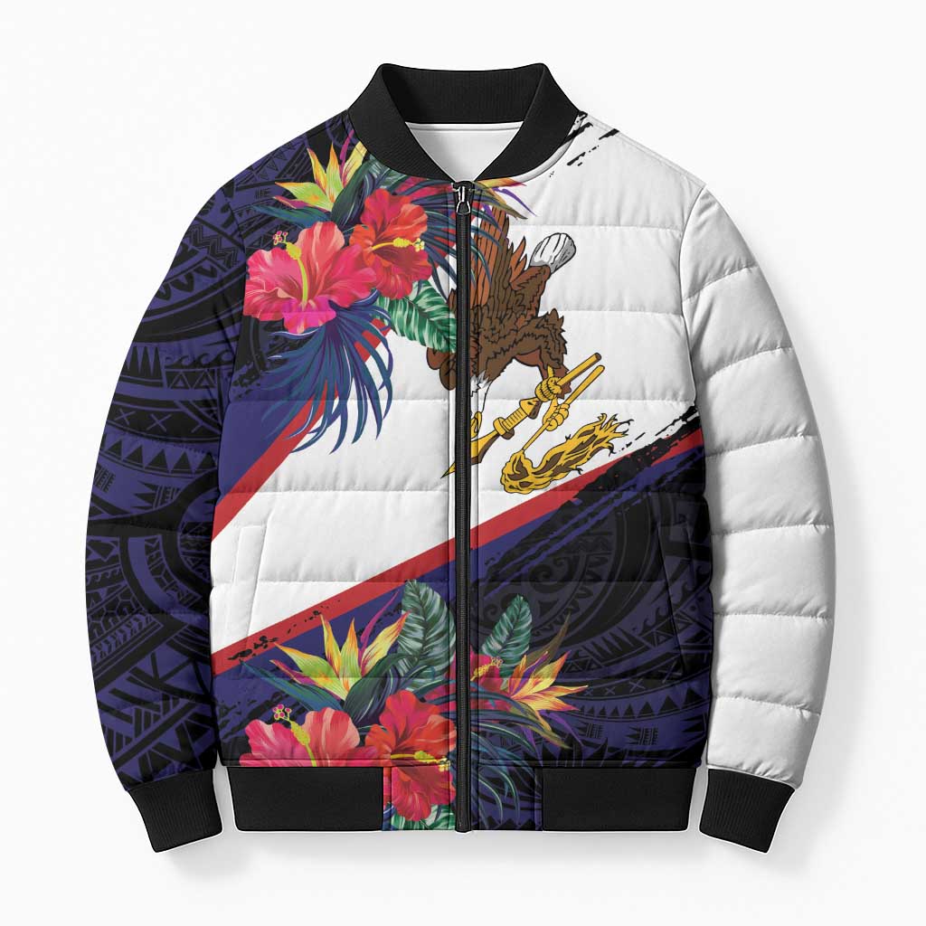 American Samoa Flag Day Since 1900 Bomber Puffer Jacket Samoa Muamua Le Atua Tropical Flowers - Polynesian Pride