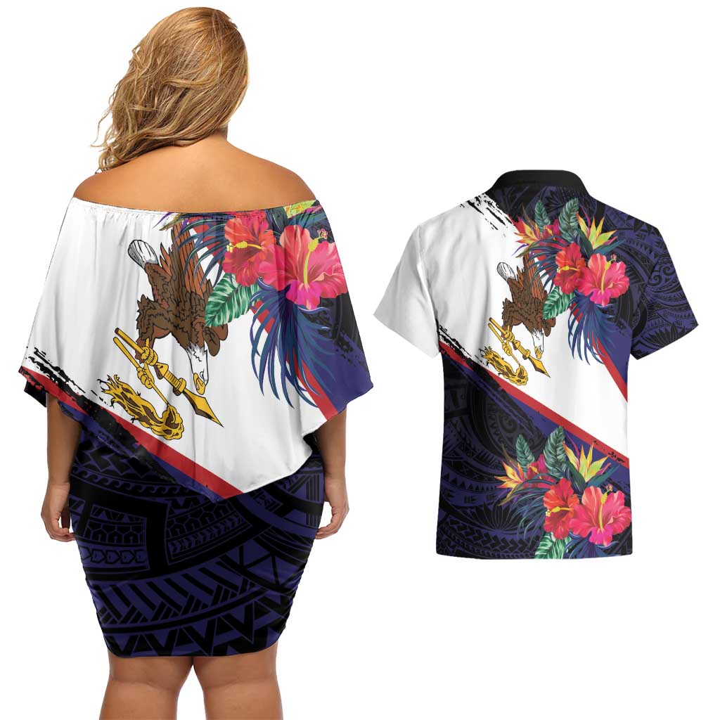 American Samoa Flag Day Since 1900 Couples Matching Off Shoulder Short Dress and Hawaiian Shirt Samoa Muamua Le Atua Tropical Flowers