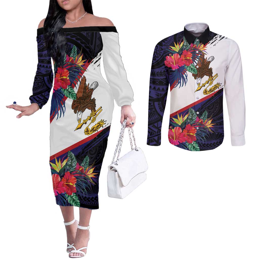 American Samoa Flag Day Since 1900 Couples Matching Off The Shoulder Long Sleeve Dress and Long Sleeve Button Shirt Samoa Muamua Le Atua Tropical Flowers