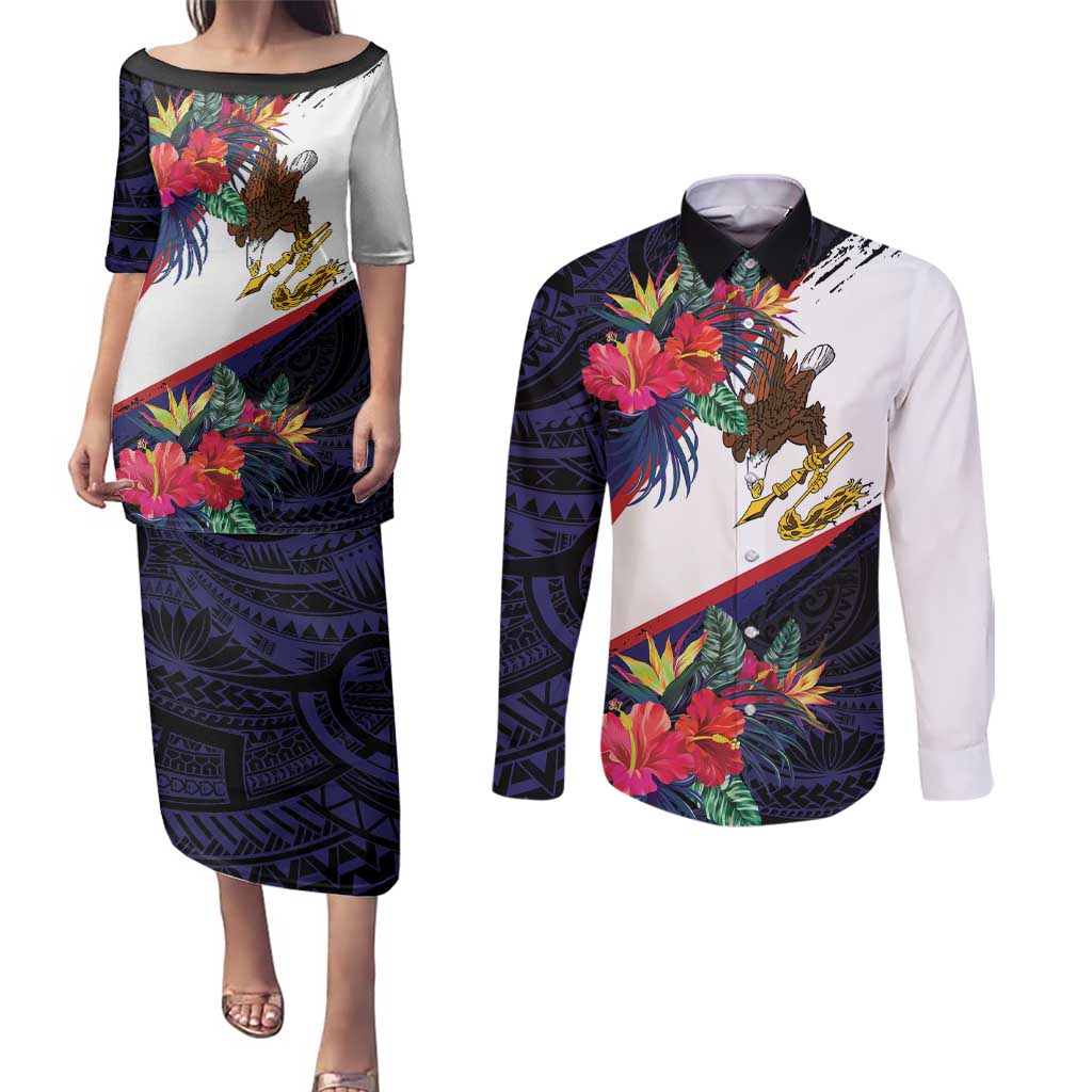 American Samoa Flag Day Since 1900 Couples Matching Puletasi and Long Sleeve Button Shirt Samoa Muamua Le Atua Tropical Flowers