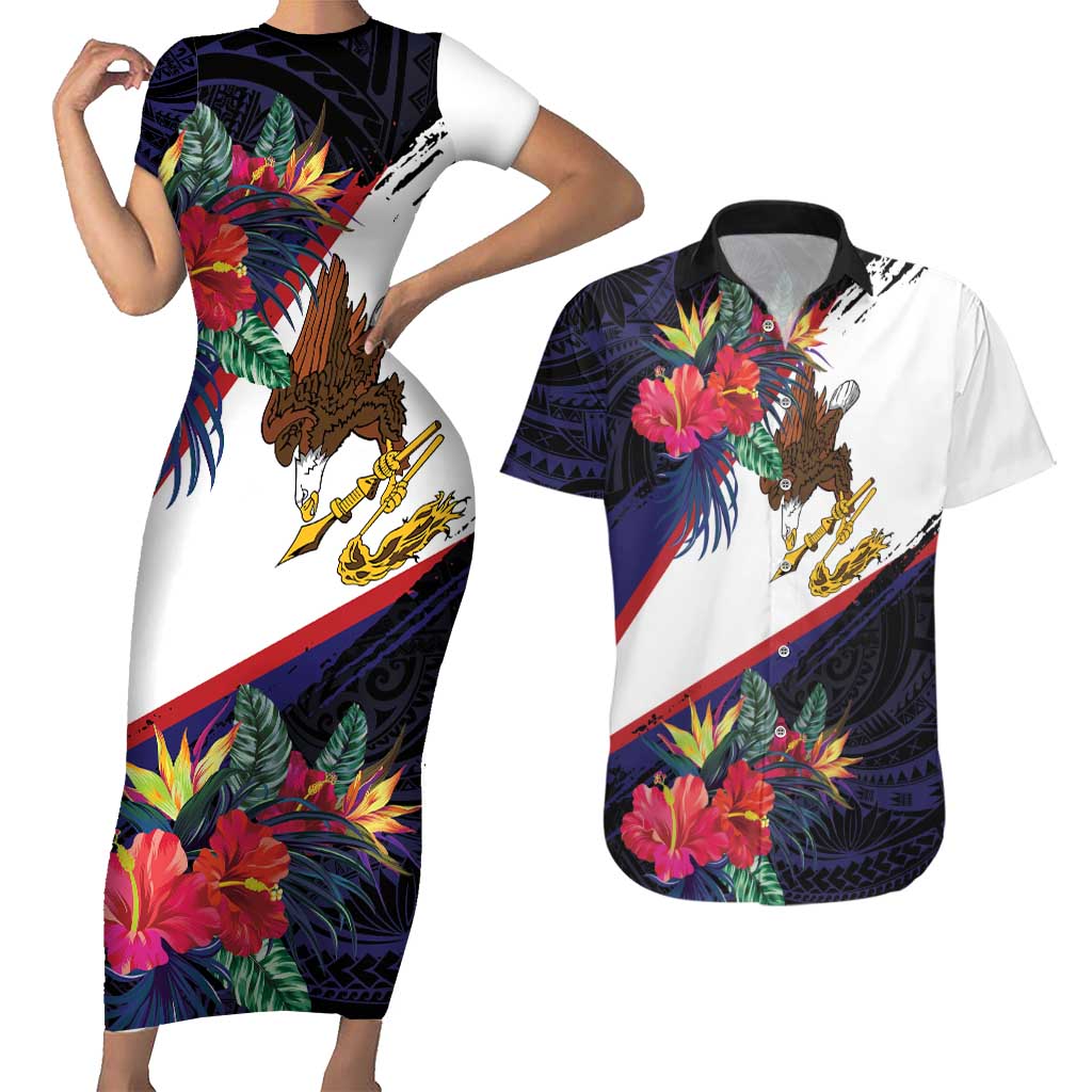 American Samoa Flag Day Since 1900 Couples Matching Short Sleeve Bodycon Dress and Hawaiian Shirt Samoa Muamua Le Atua Tropical Flowers