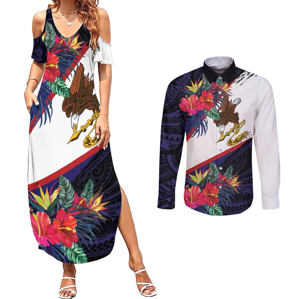 American Samoa Flag Day Since 1900 Couples Matching Summer Maxi Dress and Long Sleeve Button Shirt Samoa Muamua Le Atua Tropical Flowers