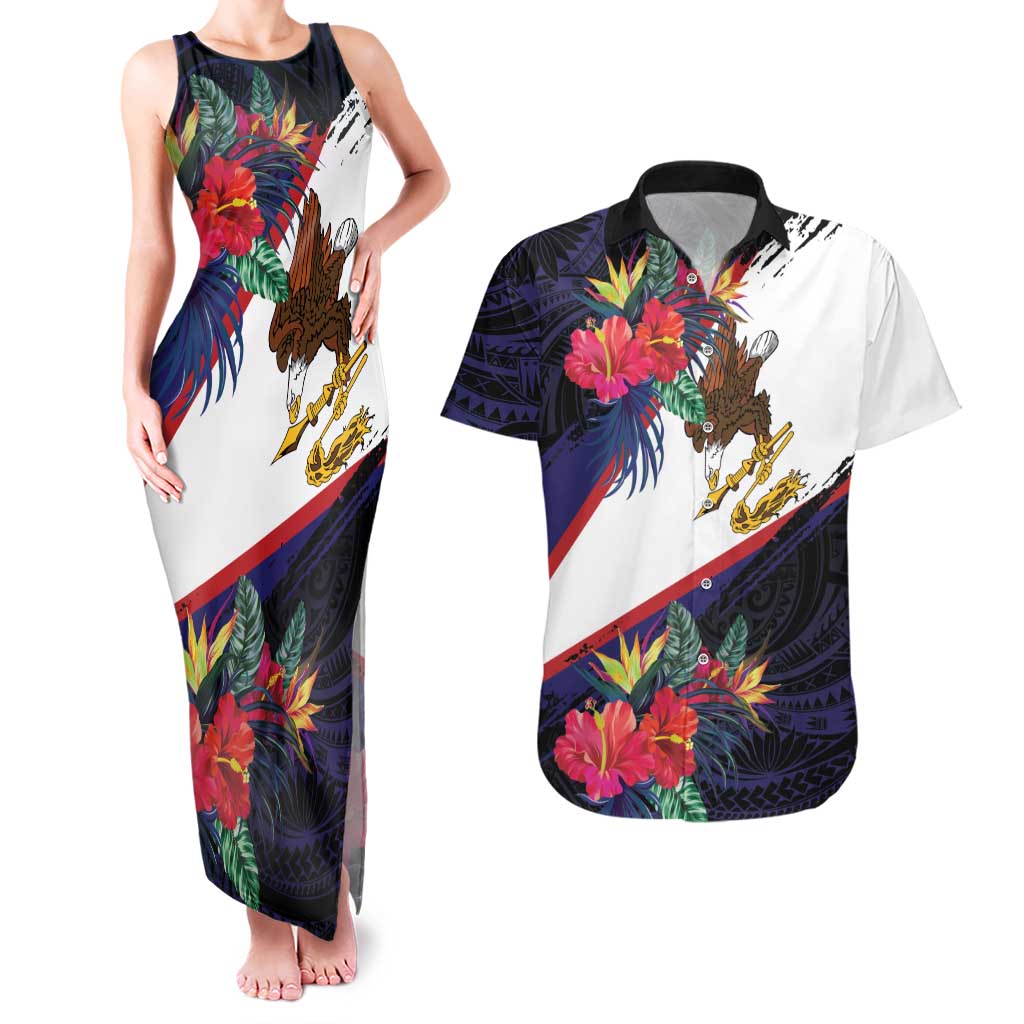 American Samoa Flag Day Since 1900 Couples Matching Tank Maxi Dress and Hawaiian Shirt Samoa Muamua Le Atua Tropical Flowers