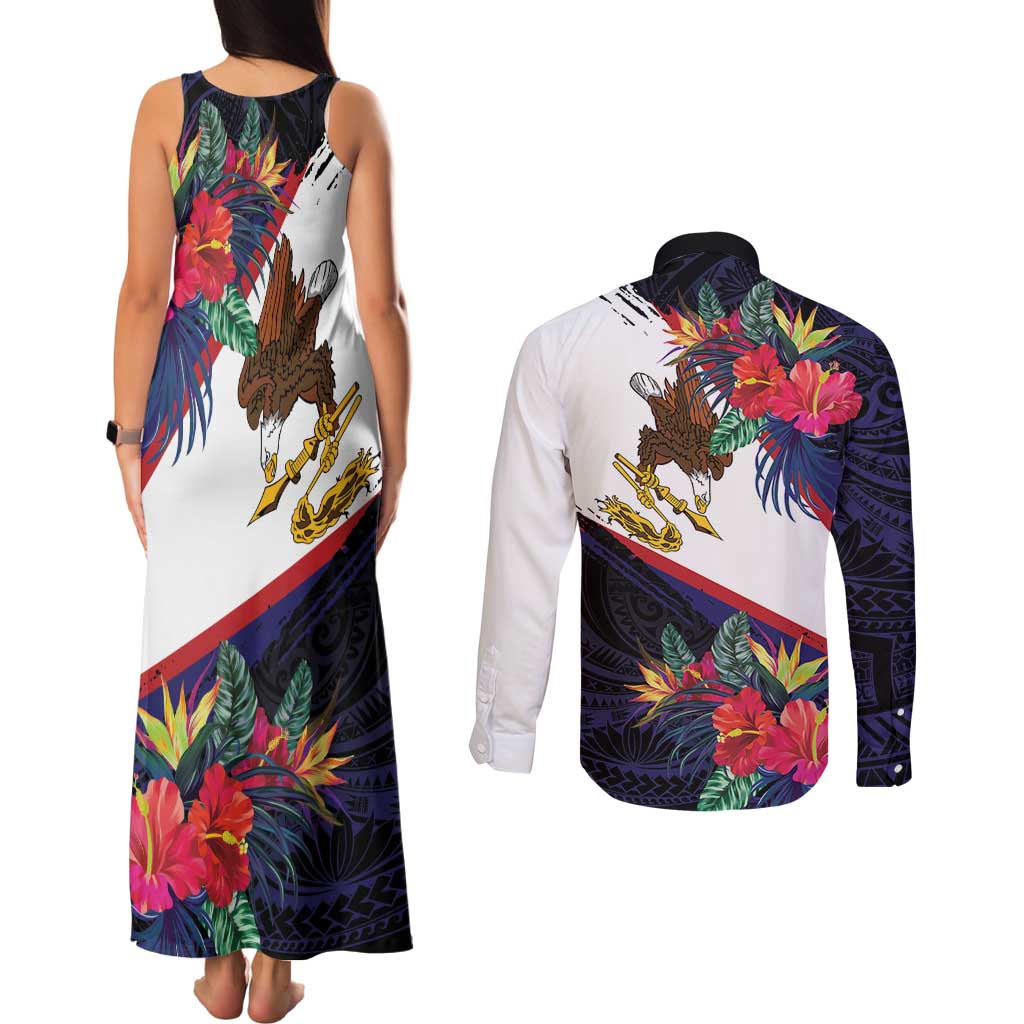 American Samoa Flag Day Since 1900 Couples Matching Tank Maxi Dress and Long Sleeve Button Shirt Samoa Muamua Le Atua Tropical Flowers
