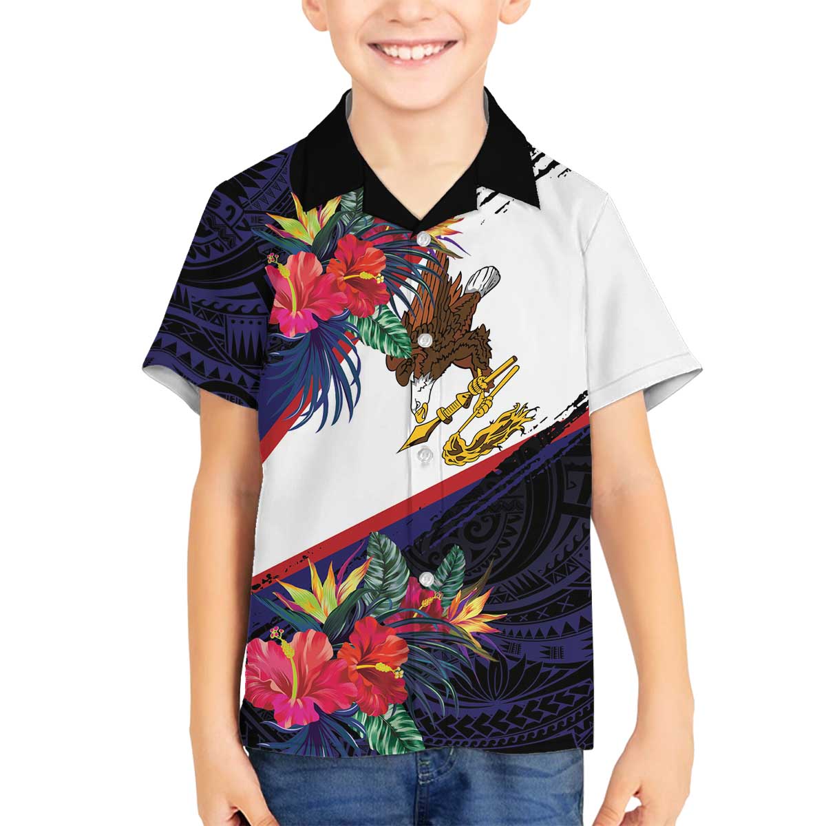 American Samoa Flag Day Since 1900 Family Matching Off The Shoulder Long Sleeve Dress and Hawaiian Shirt Samoa Muamua Le Atua Tropical Flowers