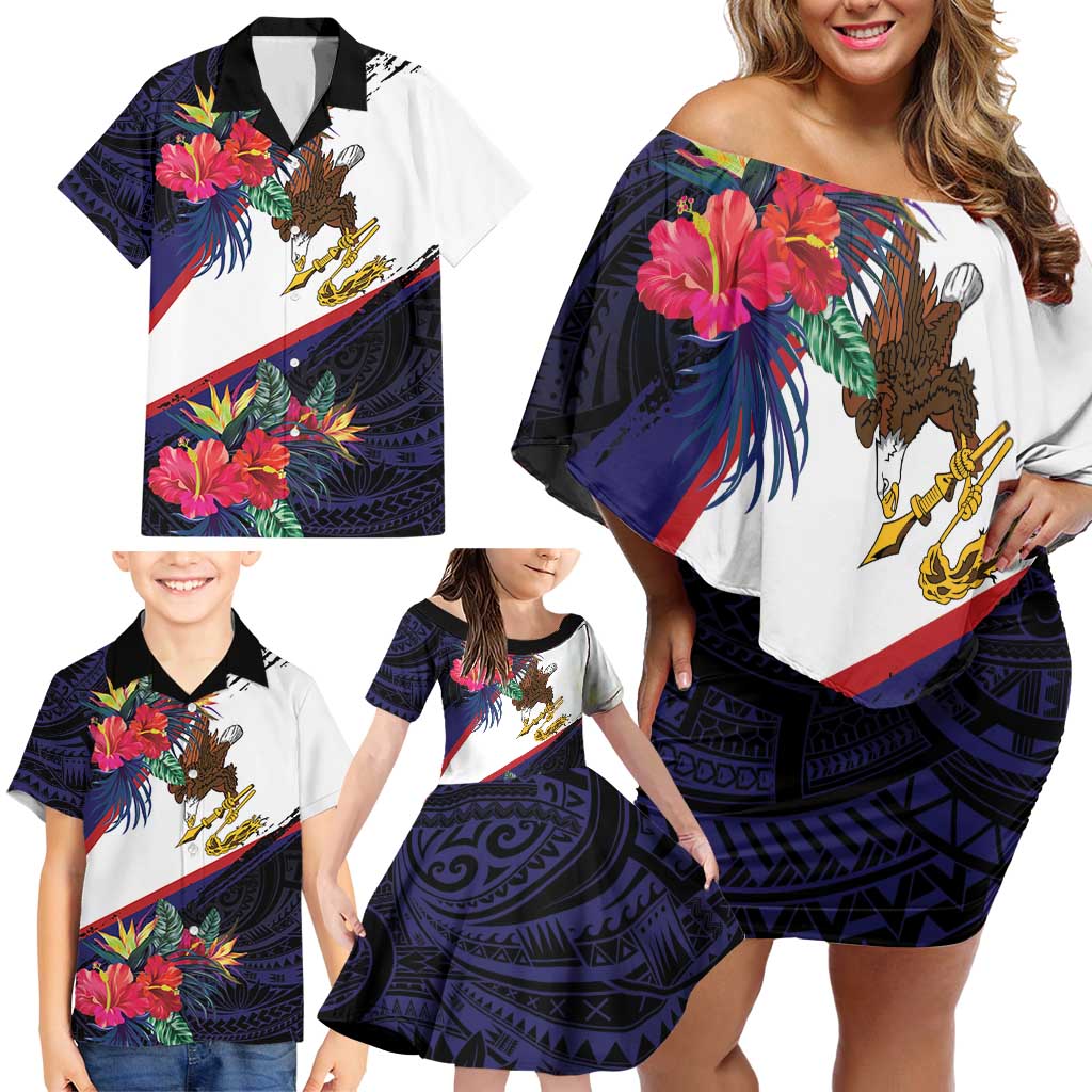 American Samoa Flag Day Since 1900 Family Matching Off Shoulder Short Dress and Hawaiian Shirt Samoa Muamua Le Atua Tropical Flowers
