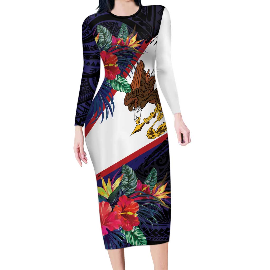 American Samoa Flag Day Since 1900 Long Sleeve Bodycon Dress Samoa Muamua Le Atua Tropical Flowers