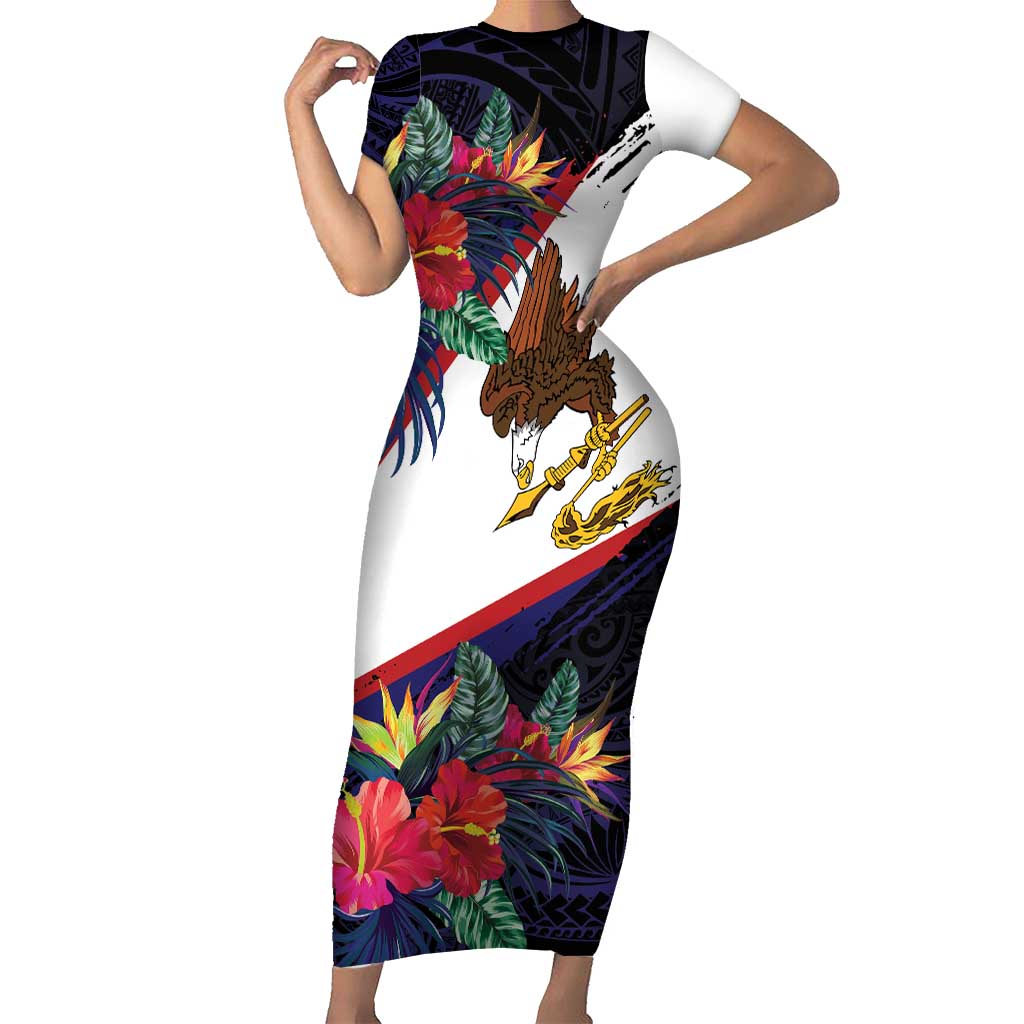 American Samoa Flag Day Since 1900 Short Sleeve Bodycon Dress Samoa Muamua Le Atua Tropical Flowers