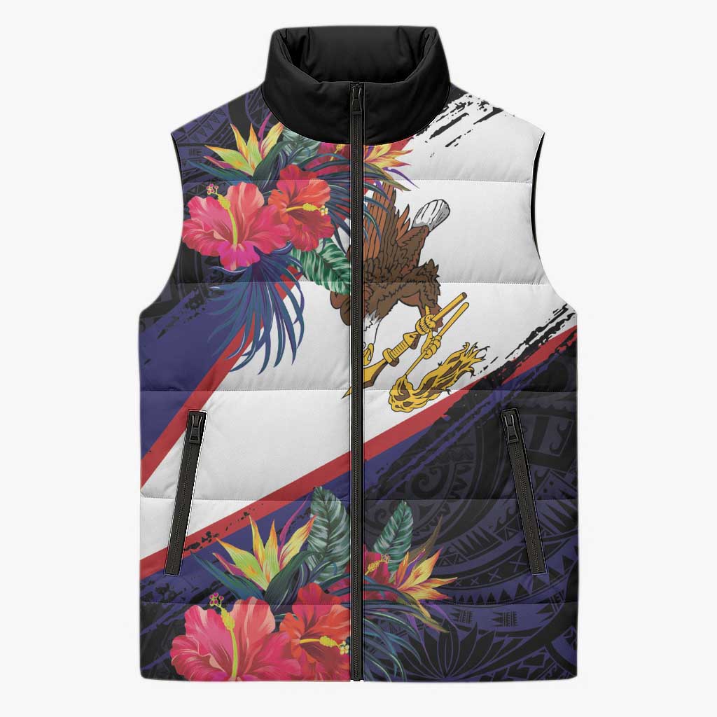 American Samoa Flag Day Since 1900 Sleeveless Puffer Jacket Samoa Muamua Le Atua Tropical Flowers - Polynesian Pride