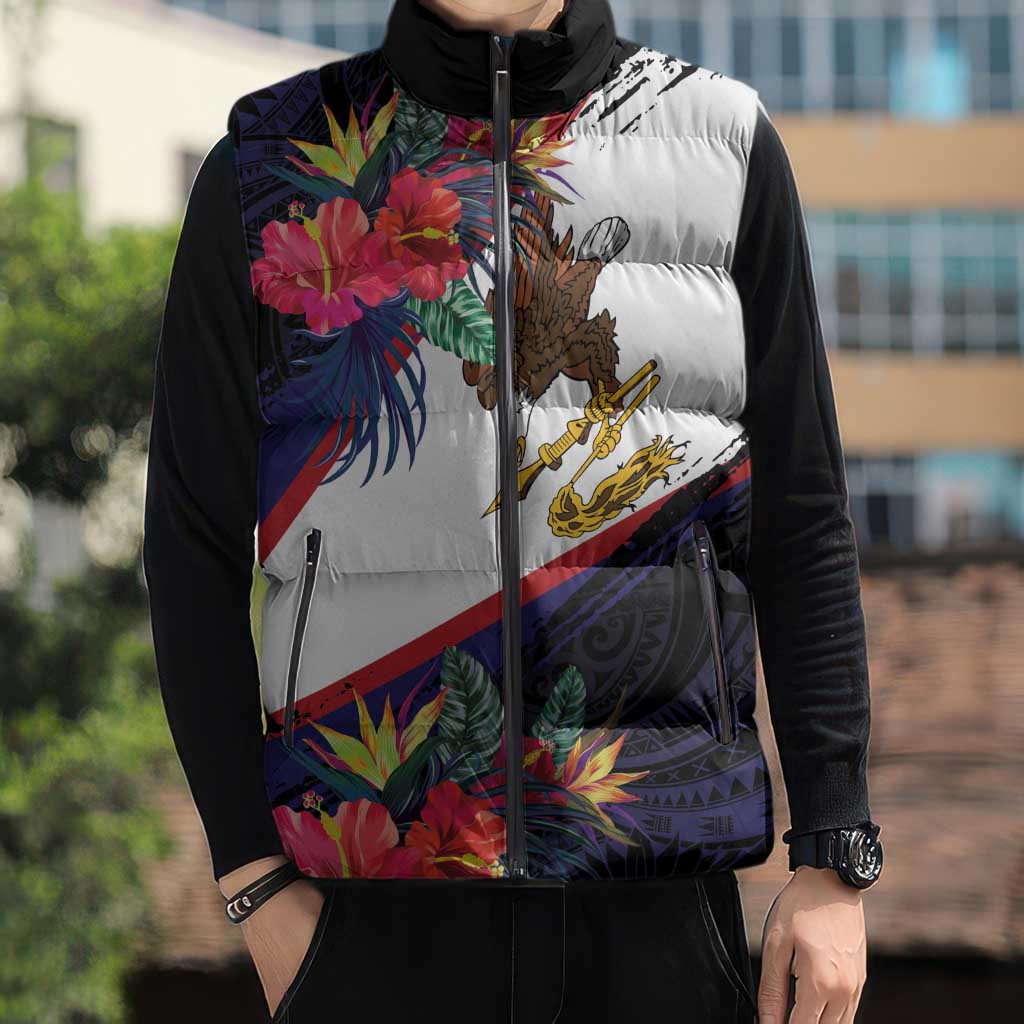 American Samoa Flag Day Since 1900 Sleeveless Puffer Jacket Samoa Muamua Le Atua Tropical Flowers - Polynesian Pride