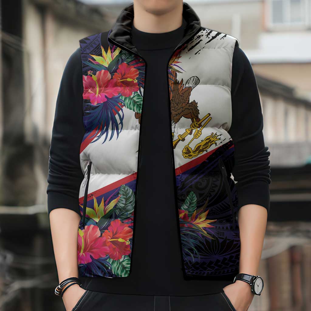 American Samoa Flag Day Since 1900 Sleeveless Puffer Jacket Samoa Muamua Le Atua Tropical Flowers - Polynesian Pride