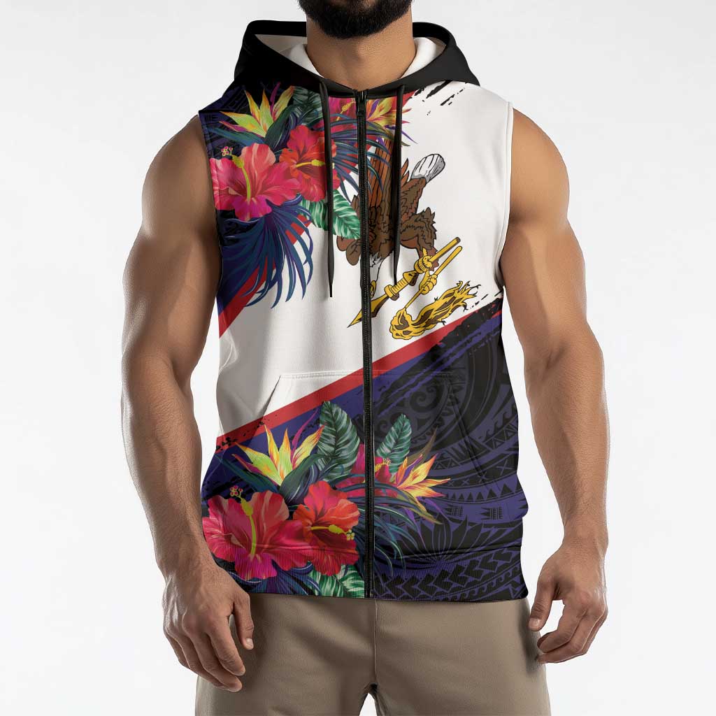 American Samoa Flag Day Since 1900 Sleeveless Zip Hoodie Samoa Muamua Le Atua Tropical Flowers LT9 - Polynesian Pride