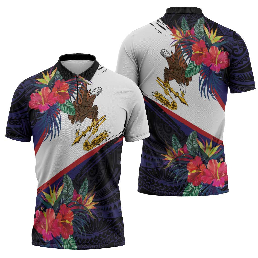 American Samoa Flag Day Since 1900 Zipper Polo Shirt Samoa Muamua Le Atua Tropical Flowers - Polynesian Pride