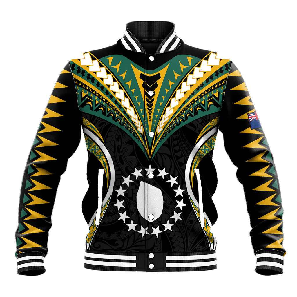(Personalised) Polynesian Pride Mauke Island Baseball Jacket Cook Islands Tribal Wave Style LT9 Unisex Black - Polynesian Pride