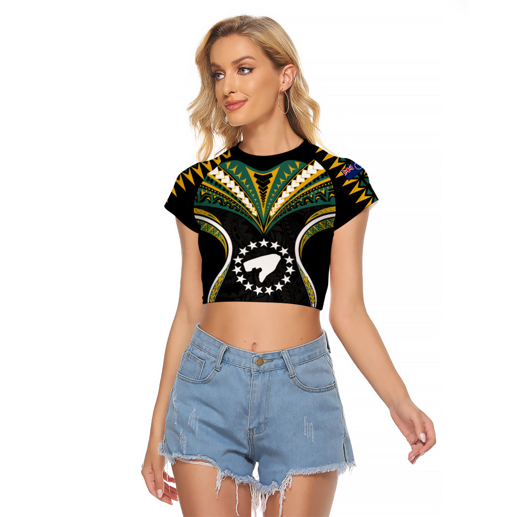 (Personalised) Polynesian Pride Pukapuka Island Raglan Cropped T Shirt Cook Islands Tribal Wave Style LT9 Female Black - Polynesian Pride
