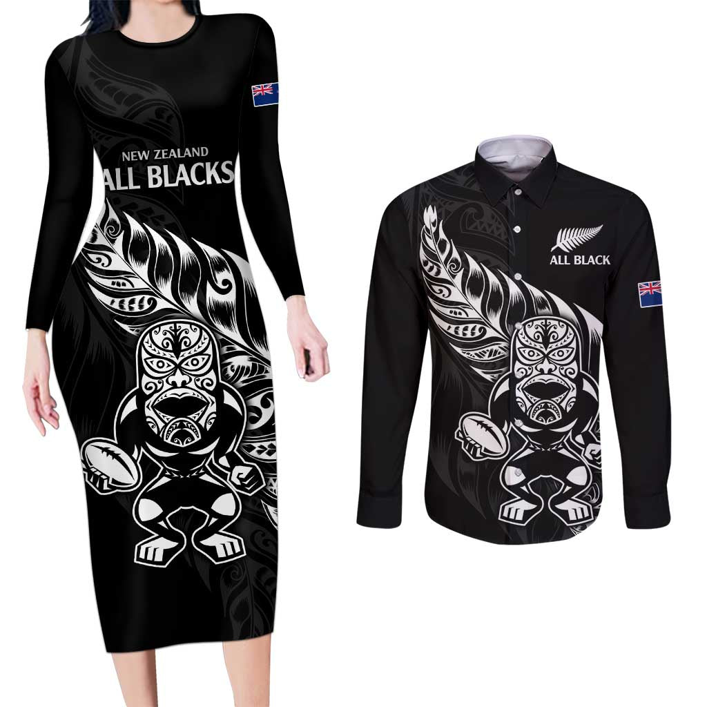 New Zealand Rugby Custom Couples Matching Long Sleeve Bodycon Dress and Long Sleeve Button Shirt Opango All Black Fern