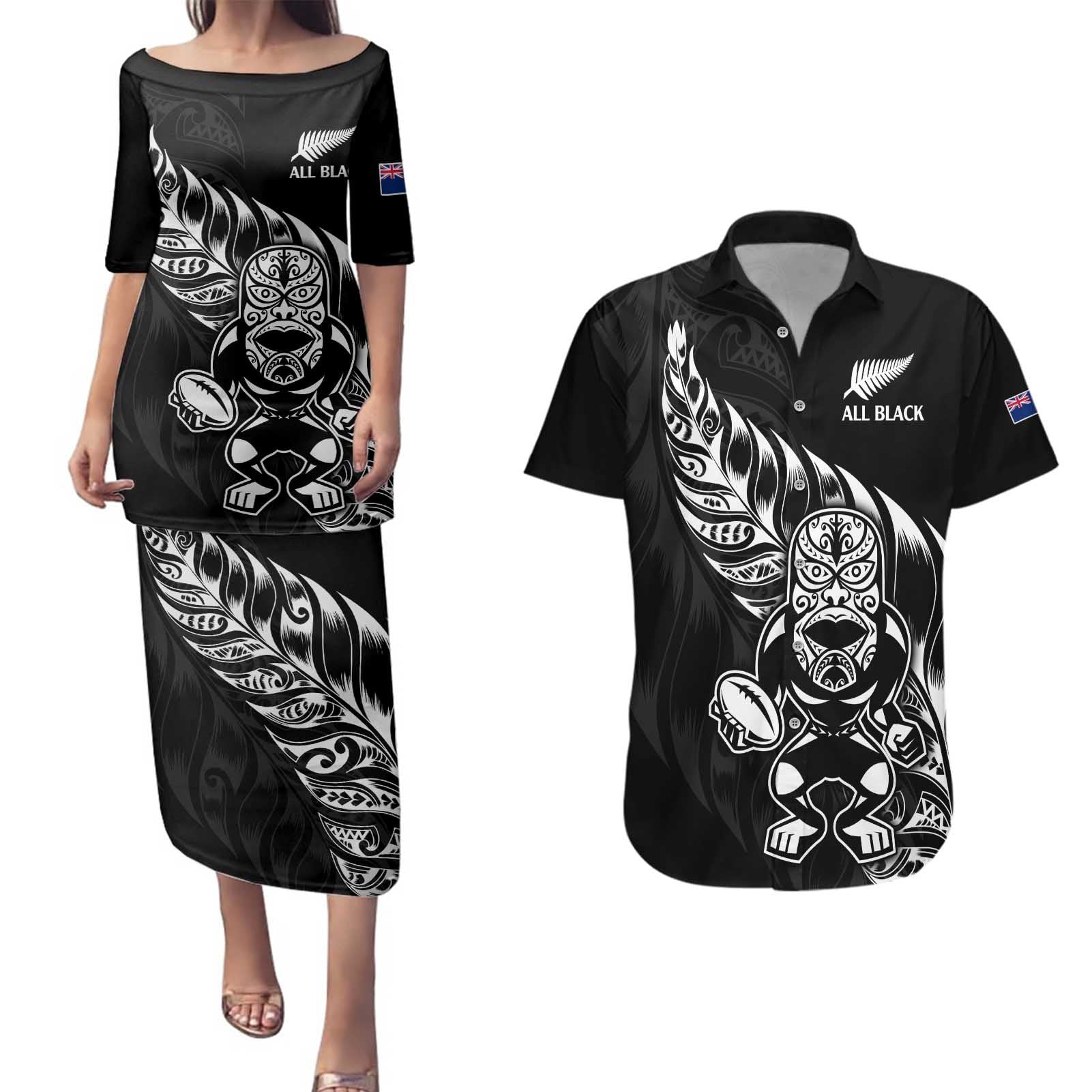 New Zealand Rugby Custom Couples Matching Puletasi and Hawaiian Shirt Opango All Black Fern