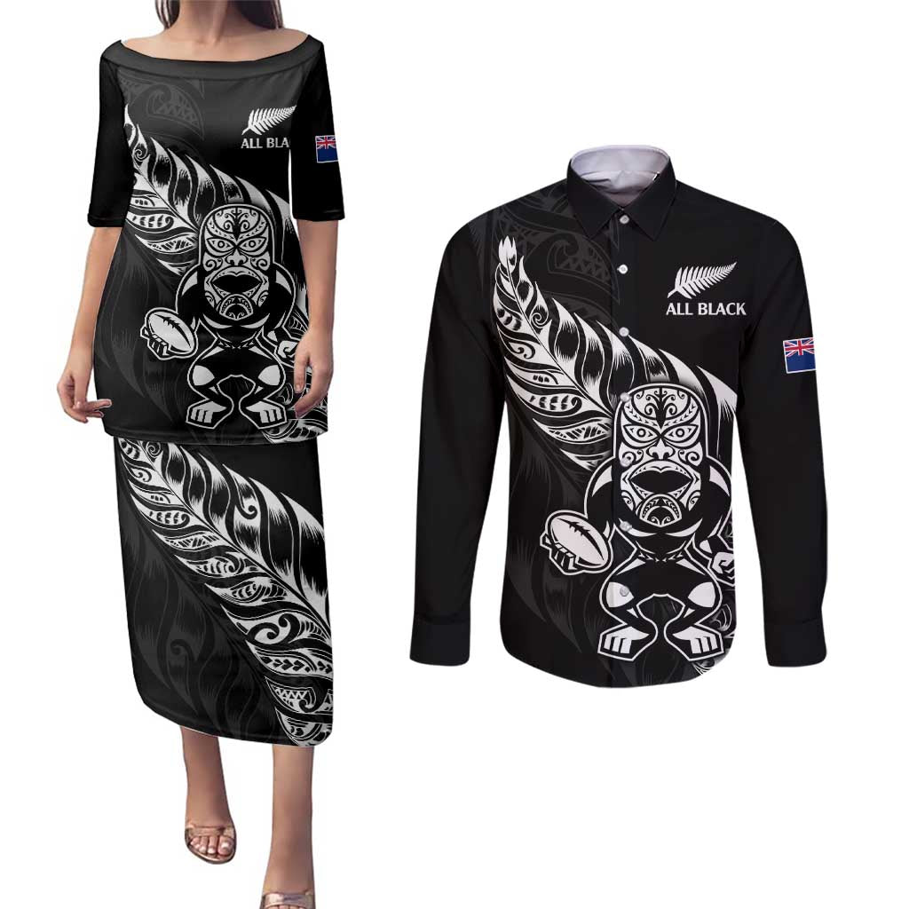 New Zealand Rugby Custom Couples Matching Puletasi and Long Sleeve Button Shirt Opango All Black Fern