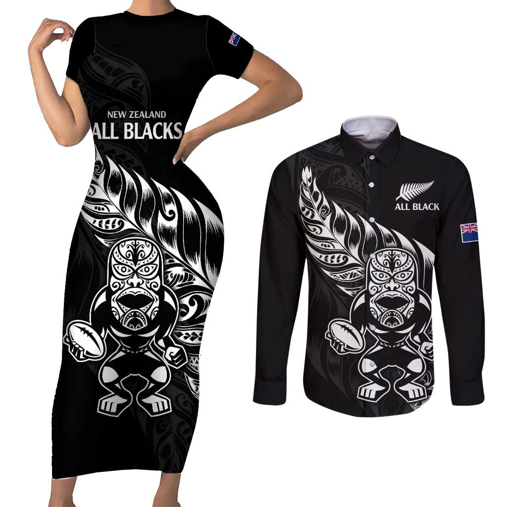 New Zealand Rugby Custom Couples Matching Short Sleeve Bodycon Dress and Long Sleeve Button Shirt Opango All Black Fern