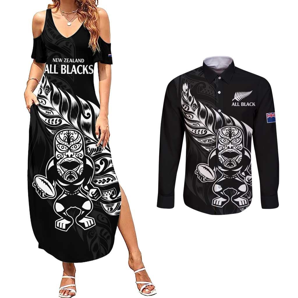 New Zealand Rugby Custom Couples Matching Summer Maxi Dress and Long Sleeve Button Shirt Opango All Black Fern