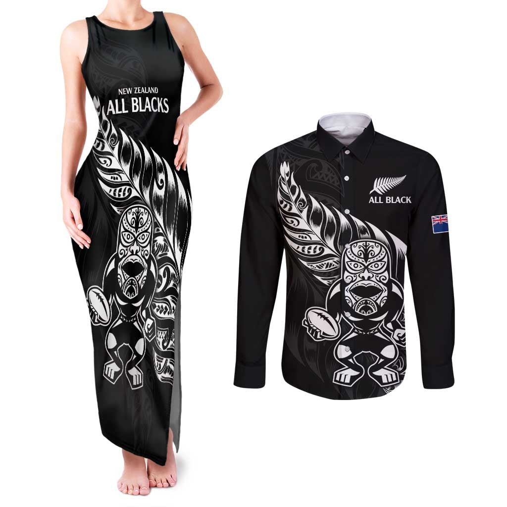 New Zealand Rugby Custom Couples Matching Tank Maxi Dress and Long Sleeve Button Shirt Opango All Black Fern