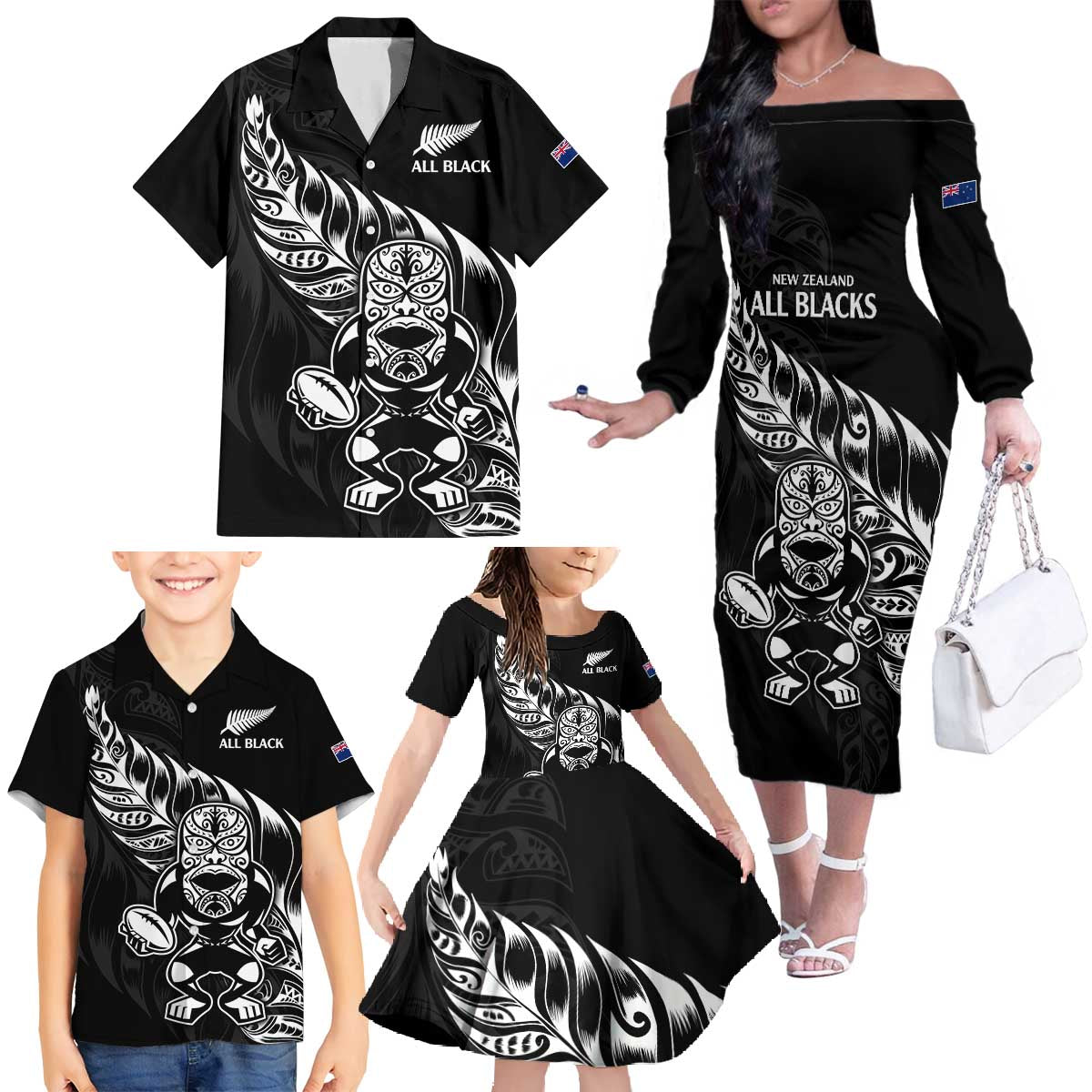 New Zealand Rugby Custom Family Matching Off The Shoulder Long Sleeve Dress and Hawaiian Shirt Opango All Black Fern