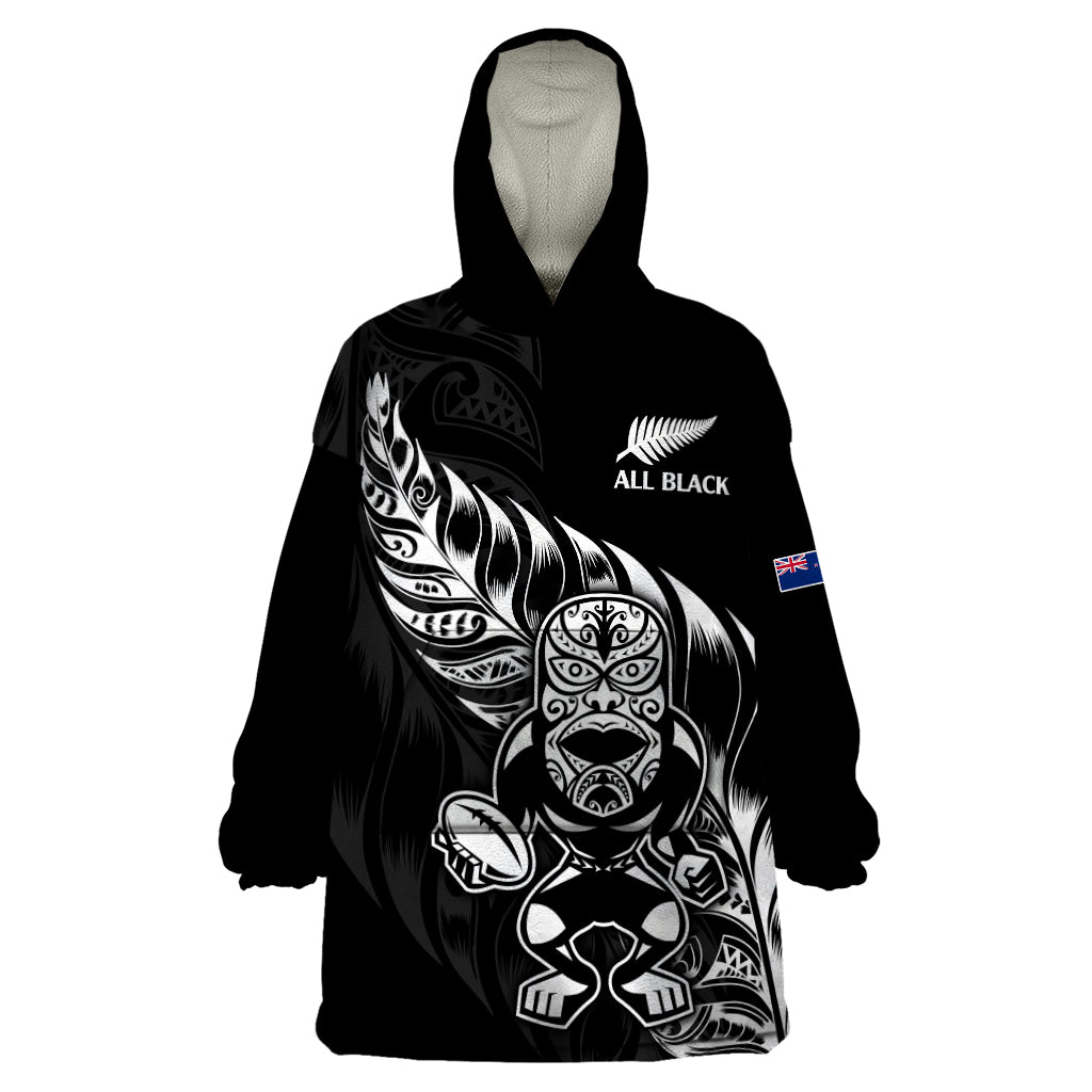 (Custom Text And Number) New Zealand All Black Rugby Wearable Blanket Hoodie LT9 One Size Black - Polynesian Pride