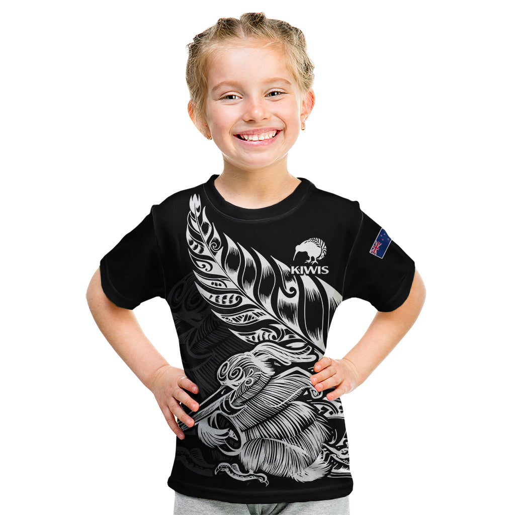 (Custom Text And Number) New Zealand Kiwi Rugby Kid T Shirt LT9 Black - Polynesian Pride