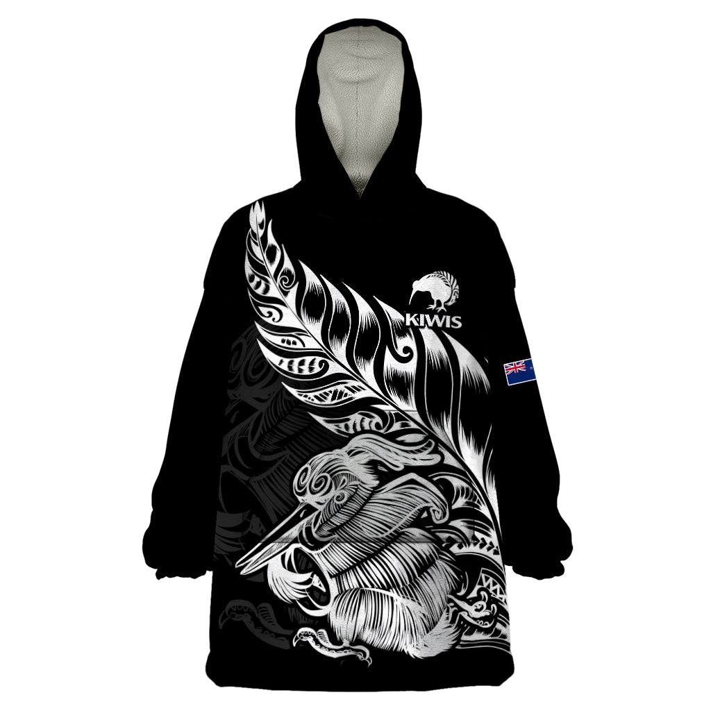 (Custom Text And Number) New Zealand Kiwi Rugby Wearable Blanket Hoodie LT9 One Size Black - Polynesian Pride