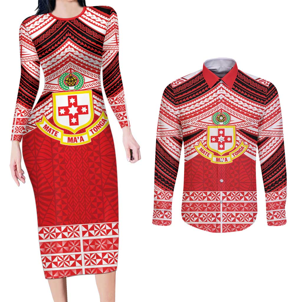 Personalised Kolisi Tonga College Atele Couples Matching Long Sleeve Bodycon Dress and Long Sleeve Button Shirt Polynesian Ngatu Tribal LT9 Red - Polynesian Pride
