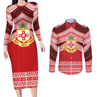 Personalised Kolisi Tonga College Atele Couples Matching Long Sleeve Bodycon Dress and Long Sleeve Button Shirt Polynesian Ngatu Tribal LT9 Red - Polynesian Pride