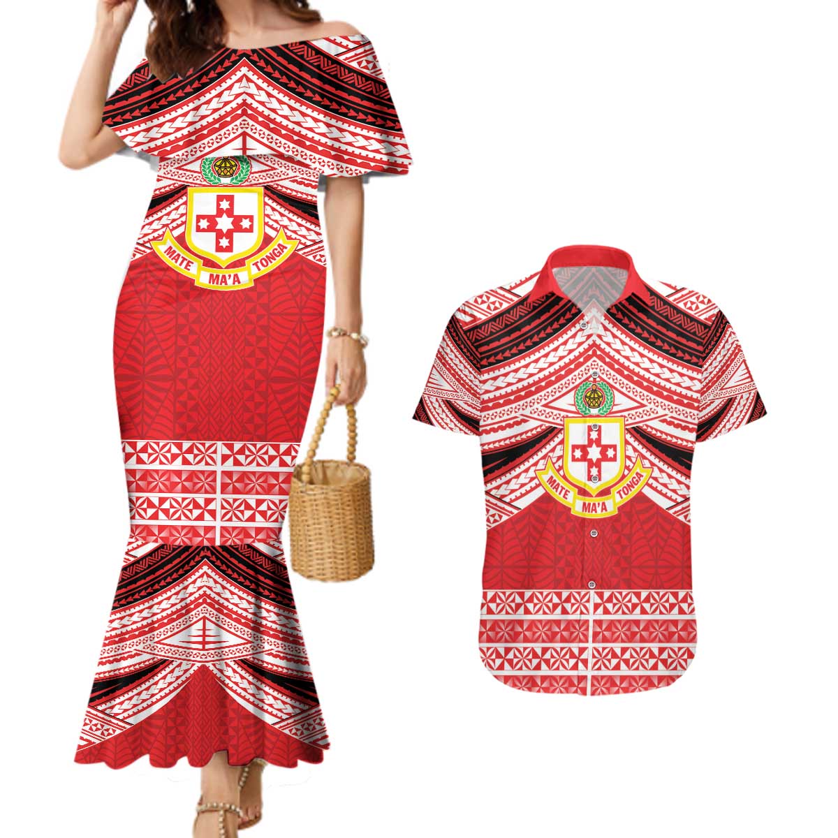 Personalised Kolisi Tonga College Atele Couples Matching Mermaid Dress and Hawaiian Shirt Polynesian Ngatu Tribal LT9 Red - Polynesian Pride