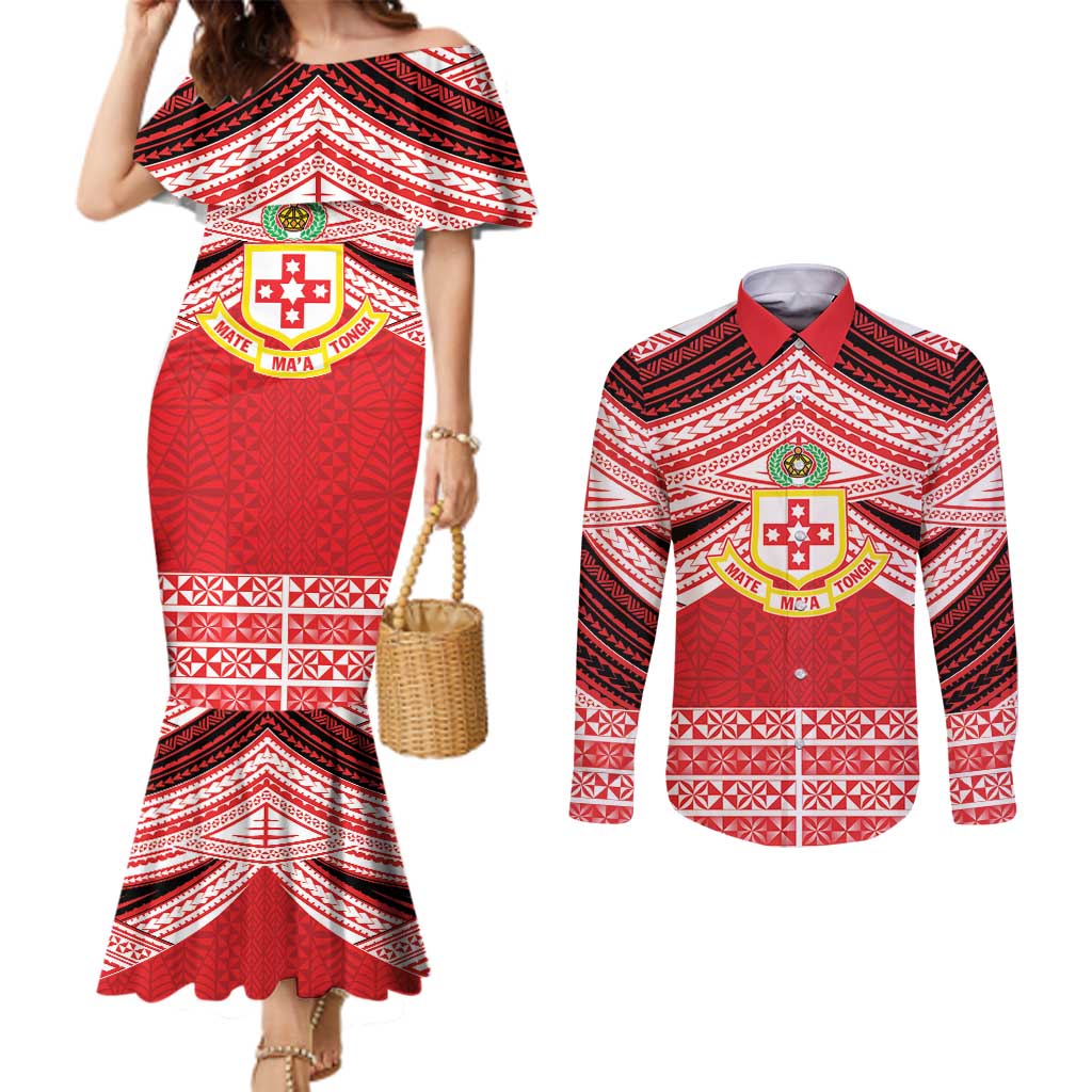 Personalised Kolisi Tonga College Atele Couples Matching Mermaid Dress and Long Sleeve Button Shirt Polynesian Ngatu Tribal LT9 Red - Polynesian Pride