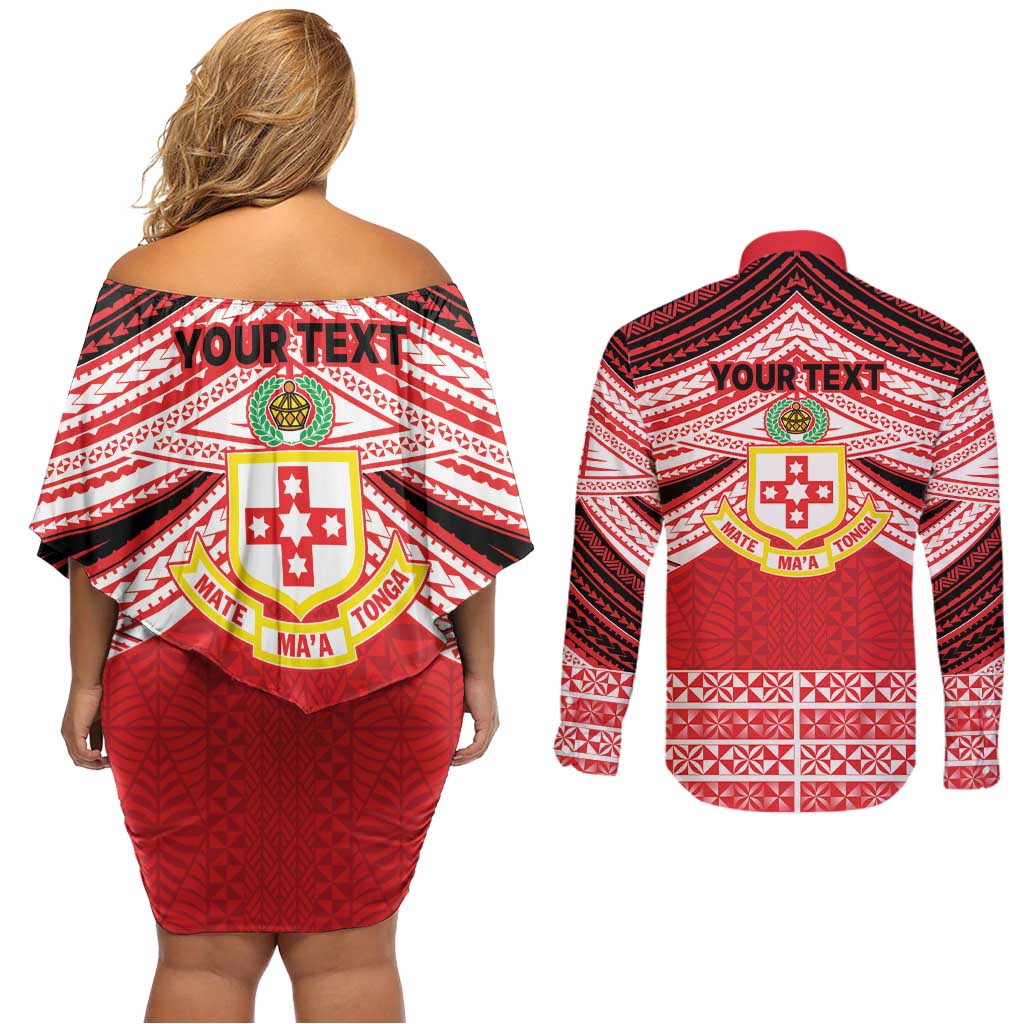 Personalised Kolisi Tonga College Atele Couples Matching Off Shoulder Short Dress and Long Sleeve Button Shirt Polynesian Ngatu Tribal