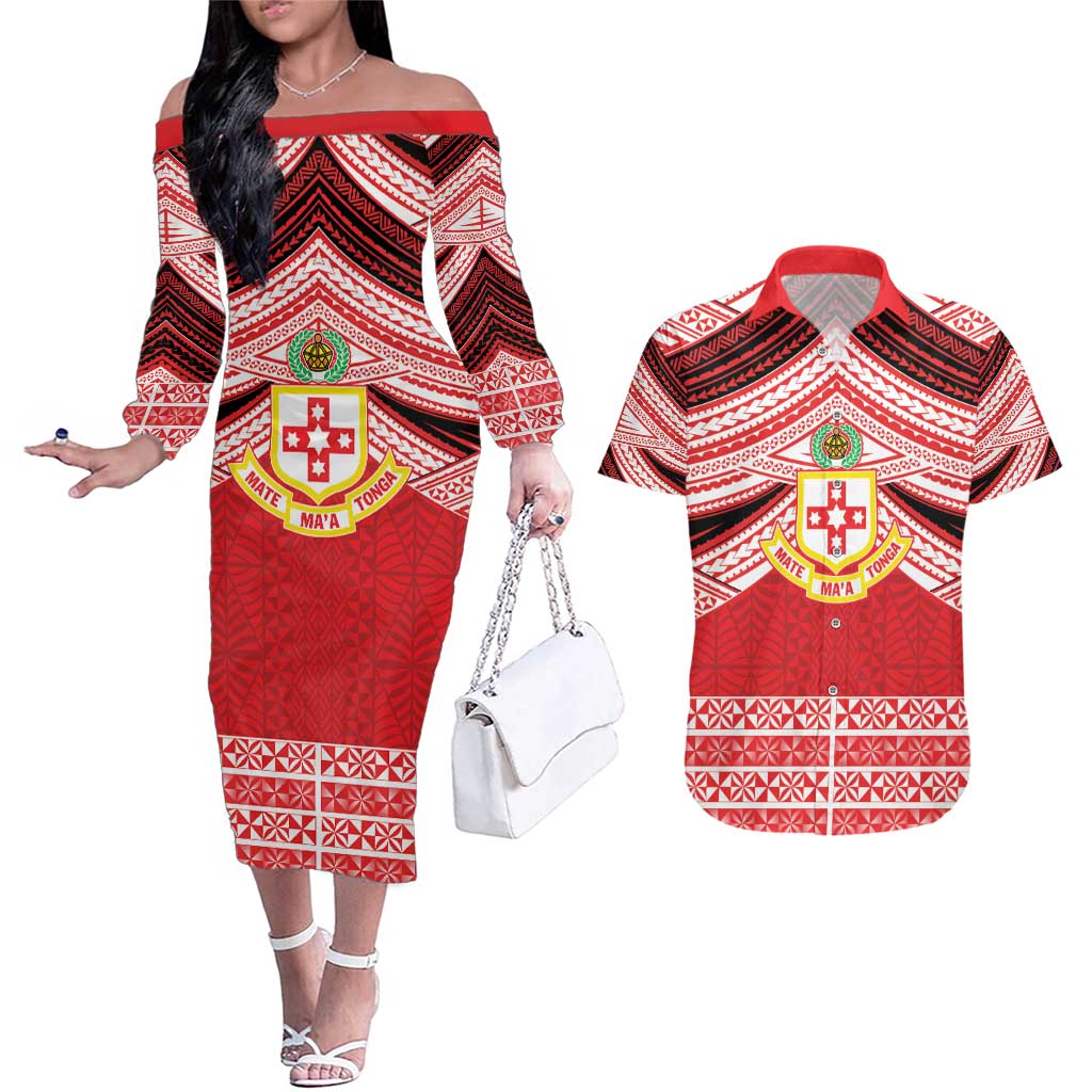 Personalised Kolisi Tonga College Atele Couples Matching Off The Shoulder Long Sleeve Dress and Hawaiian Shirt Polynesian Ngatu Tribal