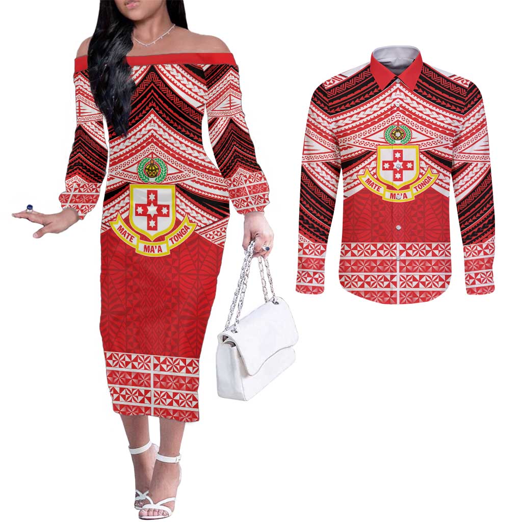 Personalised Kolisi Tonga College Atele Couples Matching Off The Shoulder Long Sleeve Dress and Long Sleeve Button Shirt Polynesian Ngatu Tribal LT9 Red - Polynesian Pride
