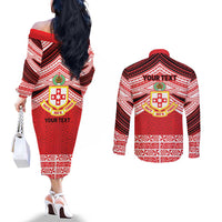 Personalised Kolisi Tonga College Atele Couples Matching Off The Shoulder Long Sleeve Dress and Long Sleeve Button Shirt Polynesian Ngatu Tribal LT9 - Polynesian Pride